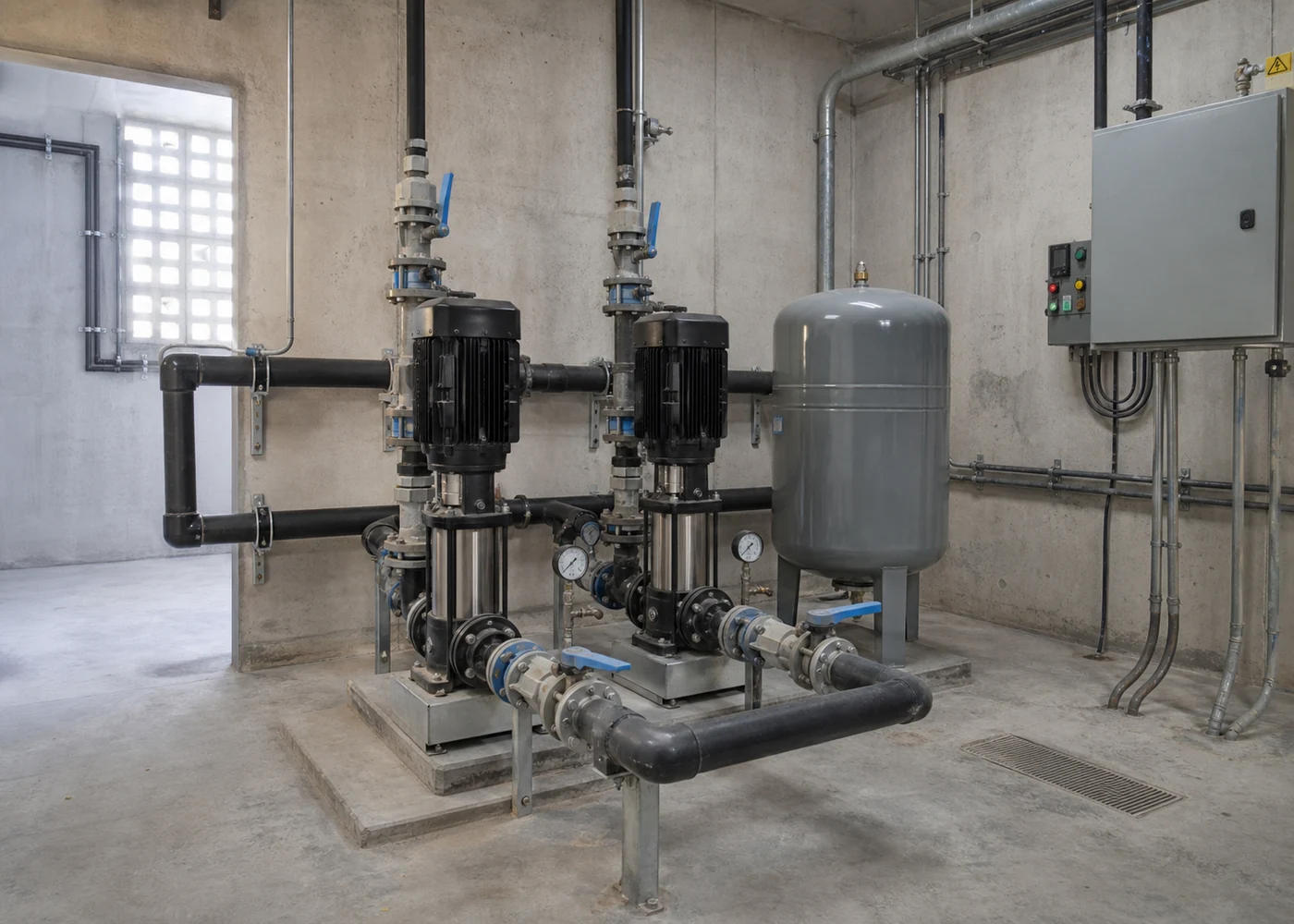 Cuarto de bombas con instalación hidrosanitaria ordenada